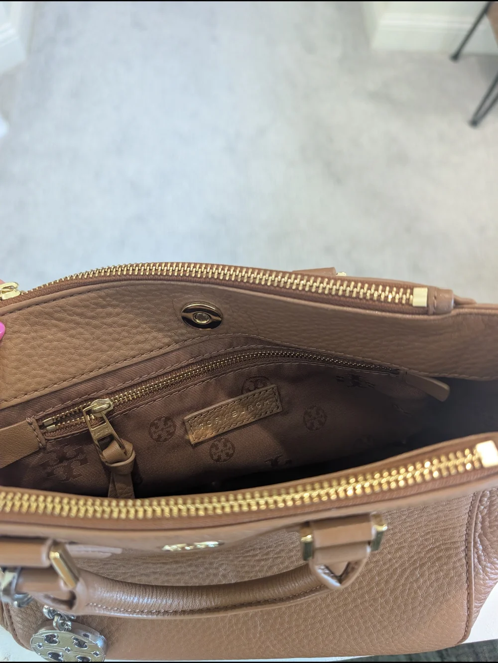 Tory Burch Robinson Double Zip Pebbled Leather Satchel in Camel